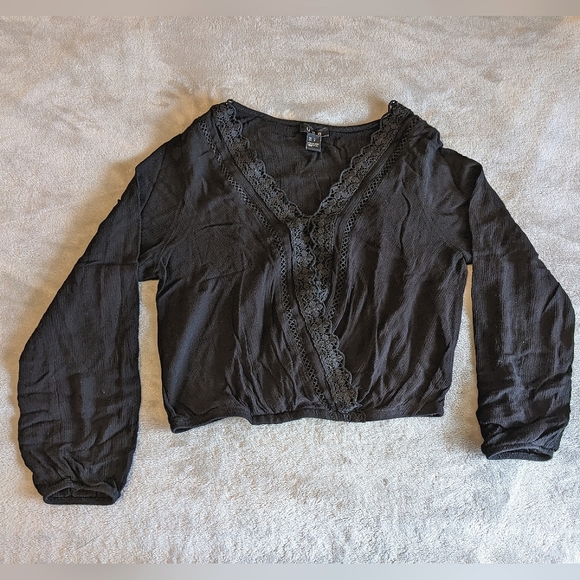 Black Long Sleeve Deep V Neck Shirt - Picture 1 of 7